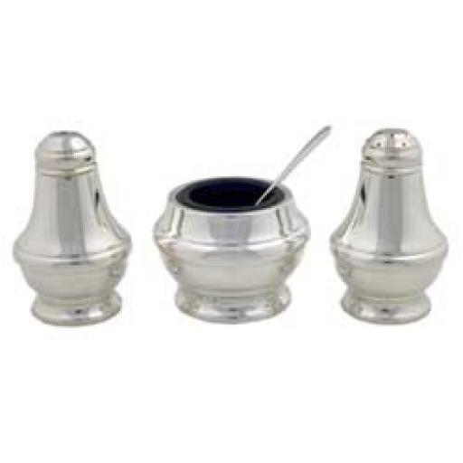 Sterling Silver 3 Piece Condiment set (Salt, Pepper and Mustard Pot with Spoon)